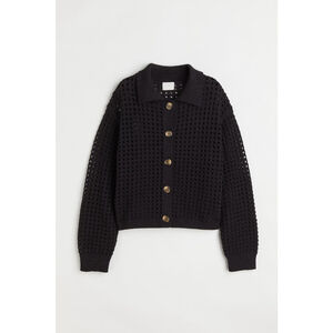 H&M Knitted Mesh Polo Button Front Cardigan in Black